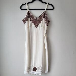 Elegant Off White and Brown Lace Slip Dress